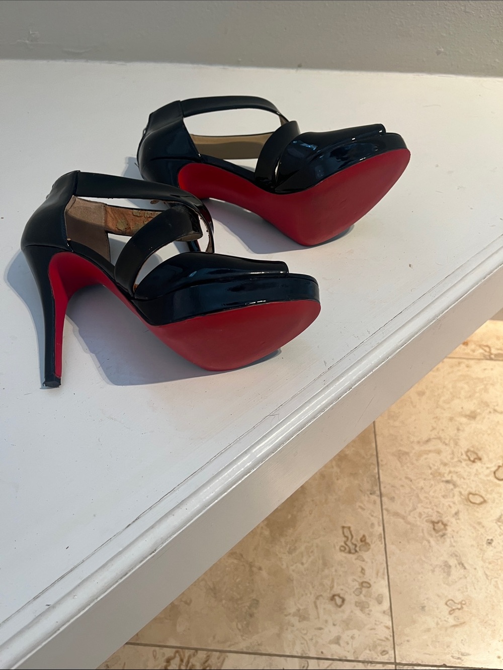 Michael Kors Black Patent Cross-Strap Peep-Toe Platform Heels w/red bottoms!